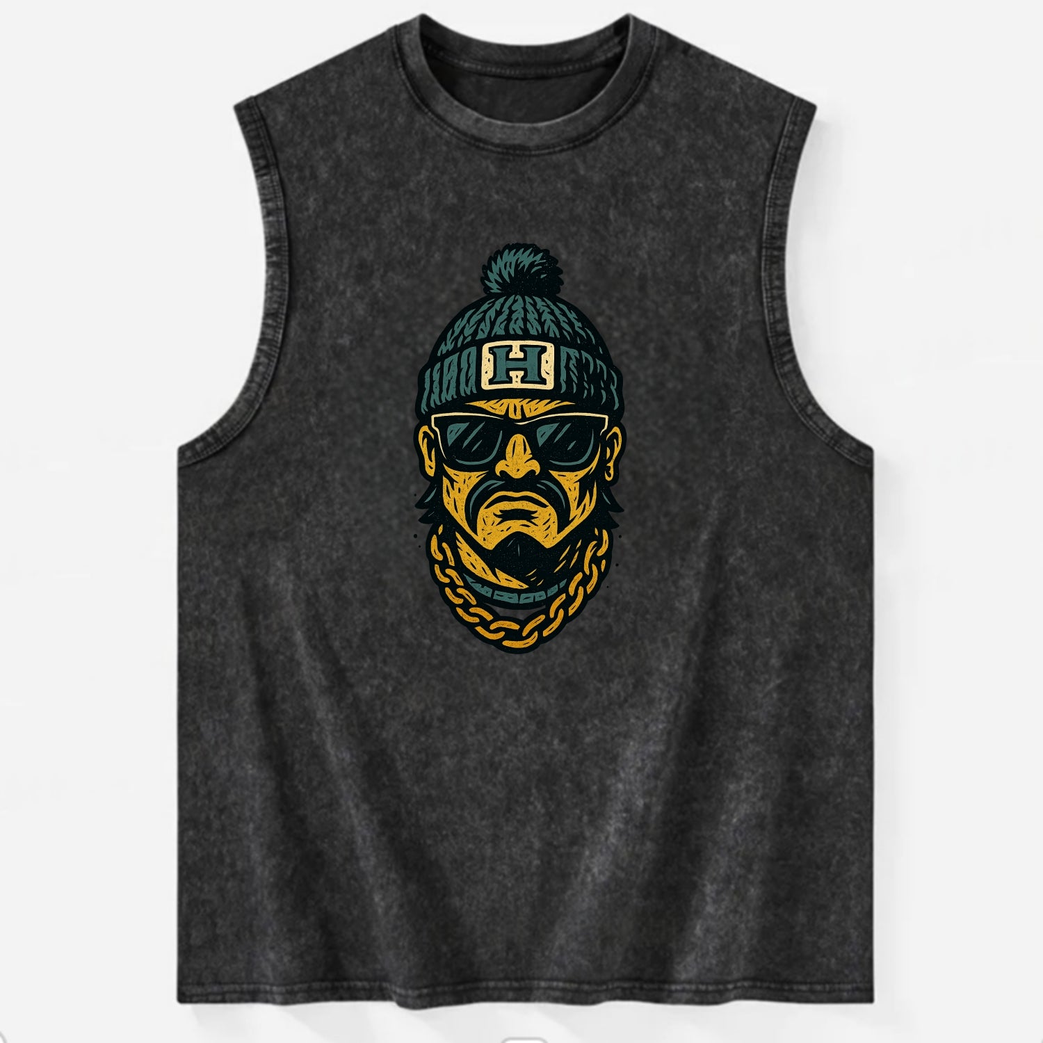 Honolulu Warrior wearing Hawaii beanie with H patch - Vintage Washed Tank - Black