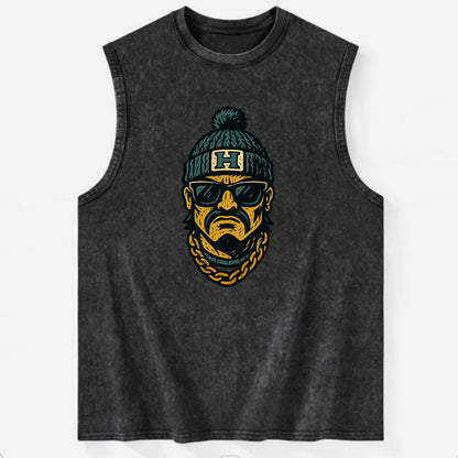 Honolulu Warrior wearing Hawaii beanie with H patch - Vintage Washed Tank - Black
