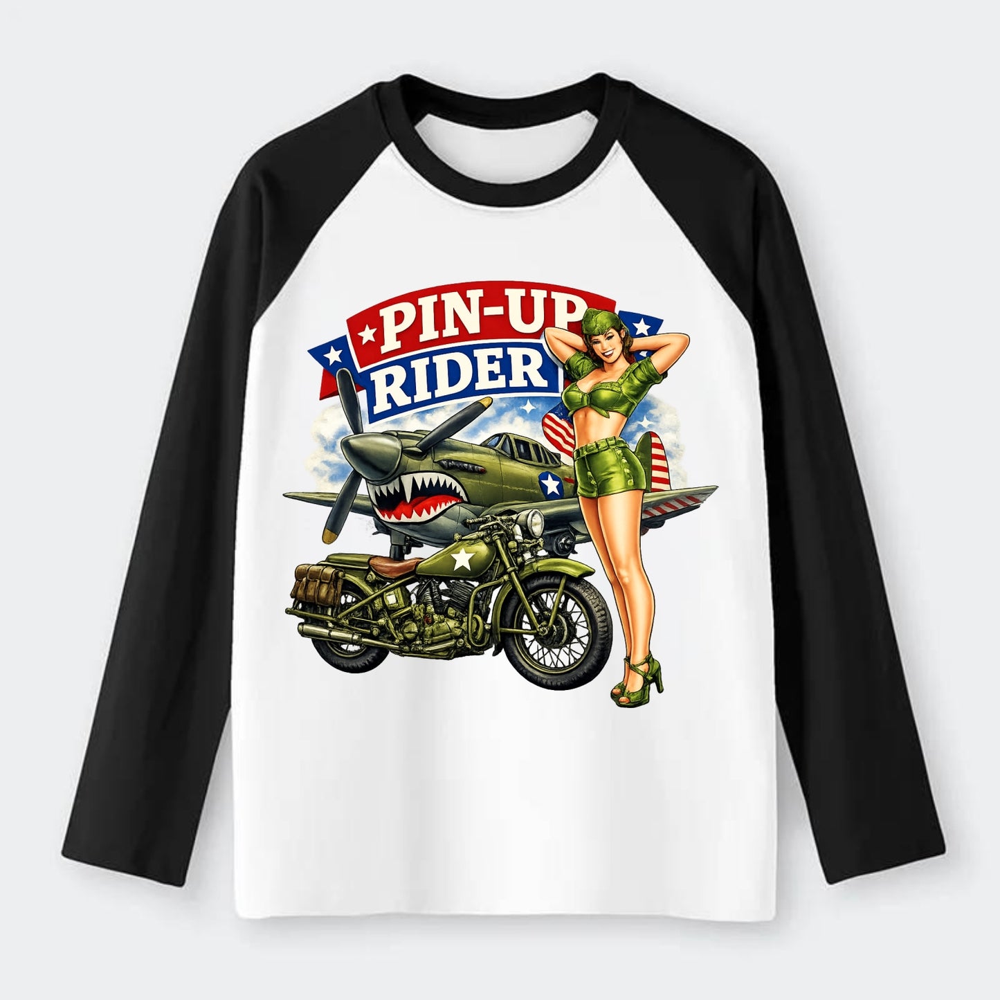 Wwii Pin Up Rider - Raglan Long Sleeve T-Shirt - Black