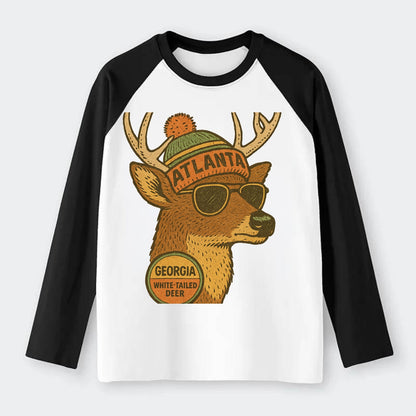 Georgia White-tailed Deer wearing Atlanta beanie with pom pom and - Raglan Long Sleeve T-Shirt - Black