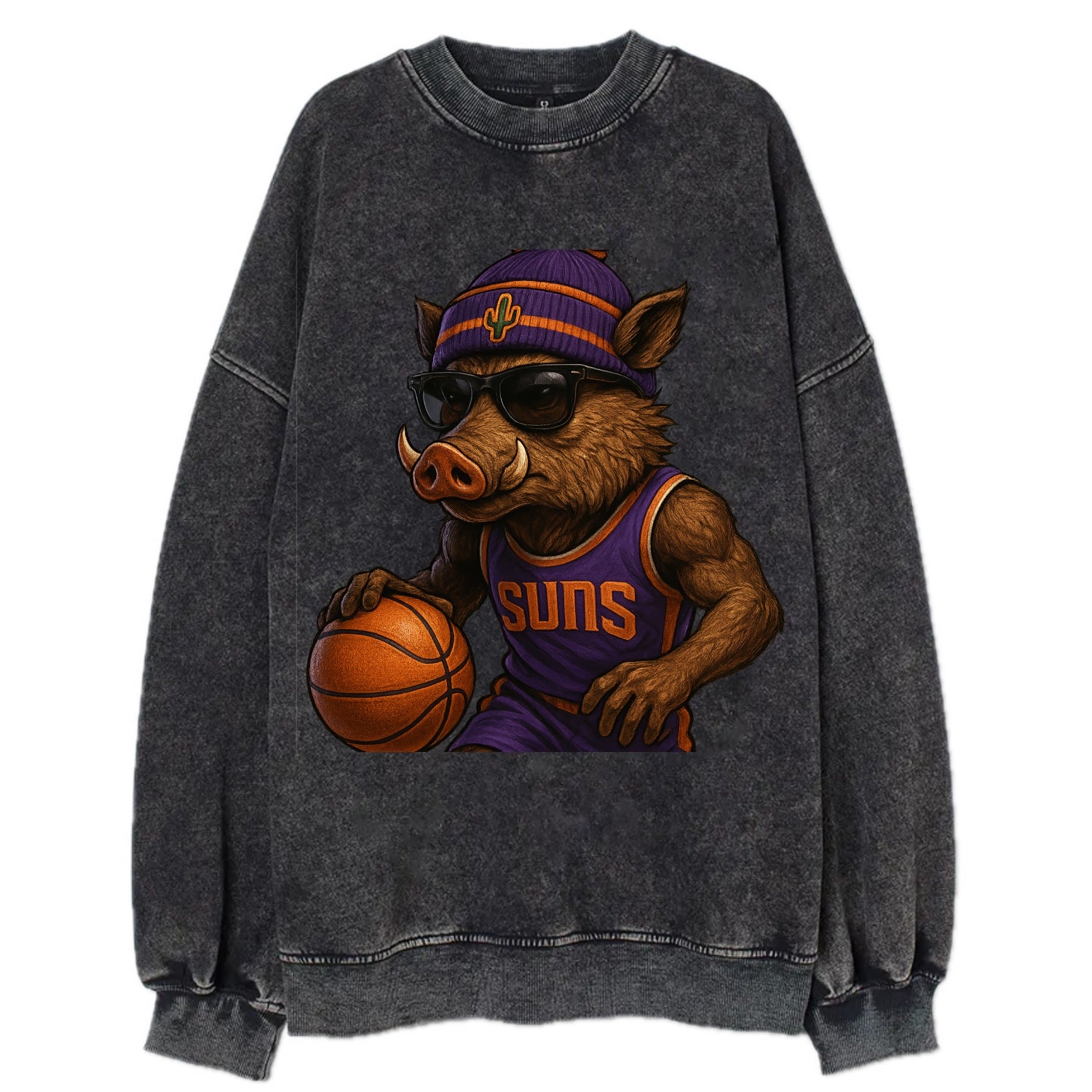 Phoenix Javelina wearing Suns beanie with cactus patch and wayfarer sunglasses - Vintage Sweatshirt - Black