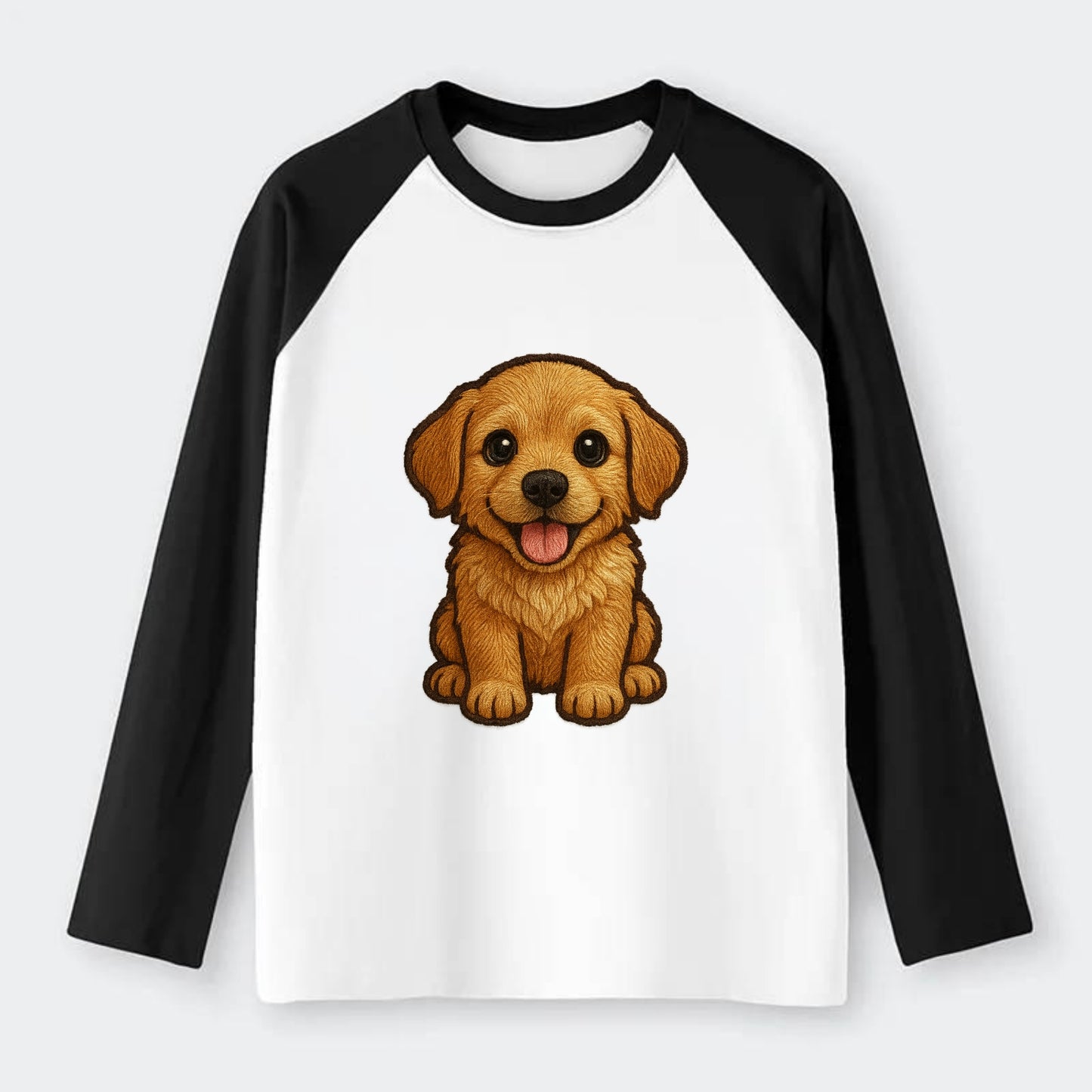 Baby Golden Retriever Puppy - fluffy golden fur, big brown eyes, pink - Raglan Long Sleeve T-Shirt - Black