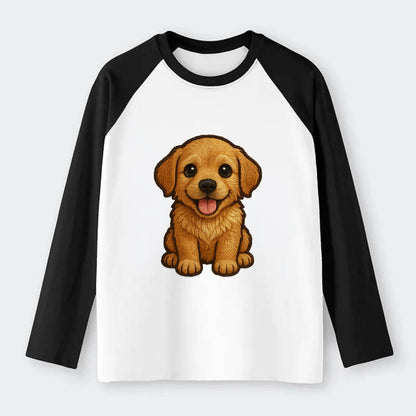 Baby Golden Retriever Puppy - fluffy golden fur, big brown eyes, pink - Raglan Long Sleeve T-Shirt - Black