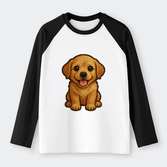 Baby Golden Retriever Puppy - fluffy golden fur, big brown eyes, pink - Raglan Long Sleeve T-Shirt - Black