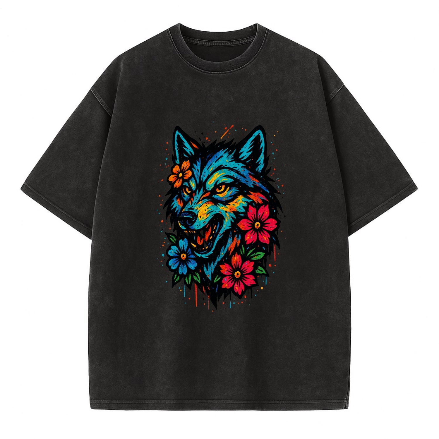 Floral Wolf Garden  - Vintage T-shirt - Black