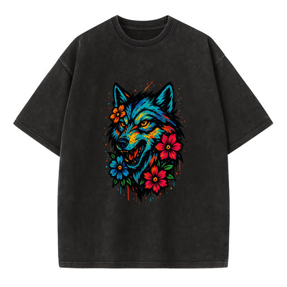 Floral Wolf Garden  - Vintage T-shirt - Black