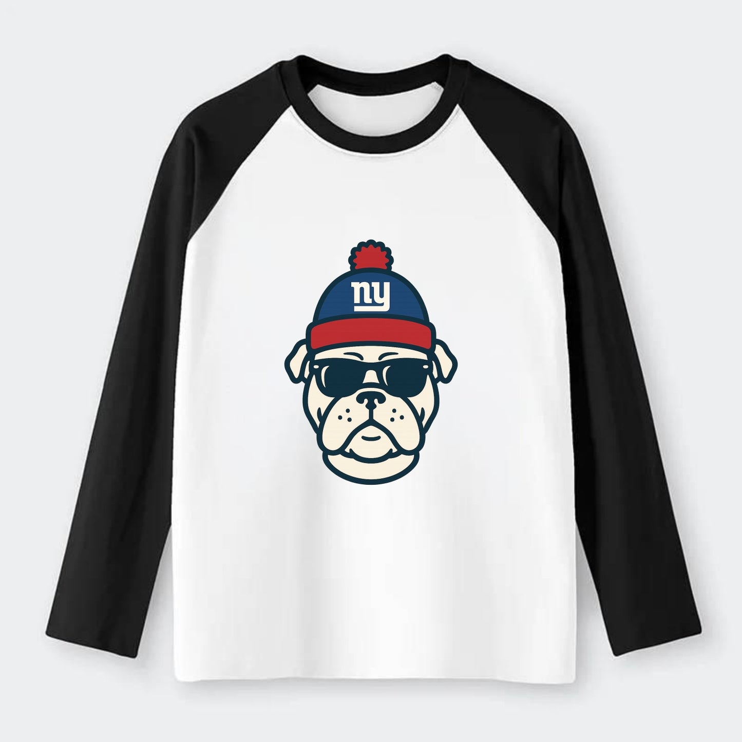 New York Bulldog wearing Giants blue and red beanie with pom pom and - Raglan Long Sleeve T-Shirt - Black