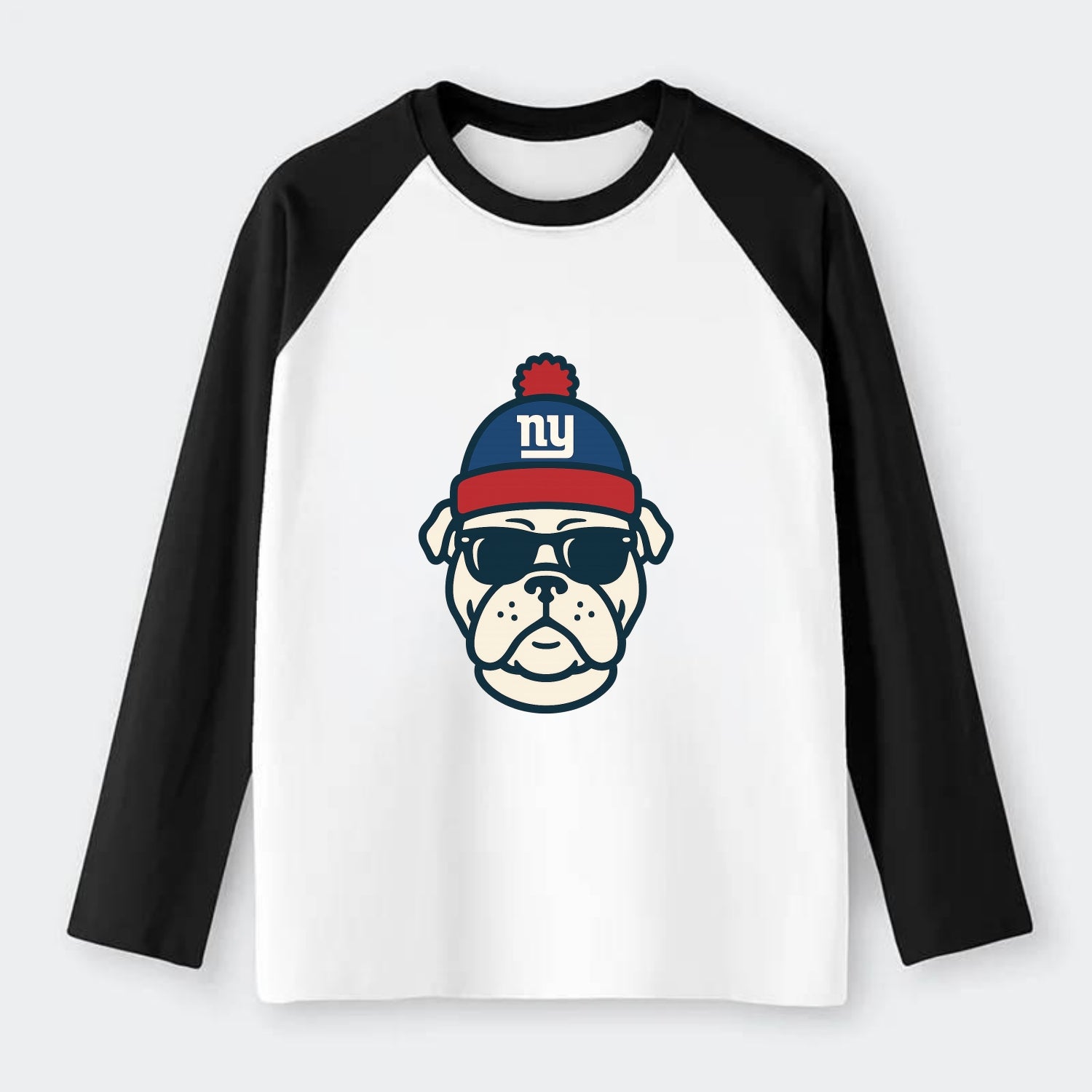 New York Bulldog wearing Giants blue and red beanie with pom pom and - Raglan Long Sleeve T-Shirt - Black