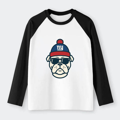 New York Bulldog wearing Giants blue and red beanie with pom pom and - Raglan Long Sleeve T-Shirt - Black