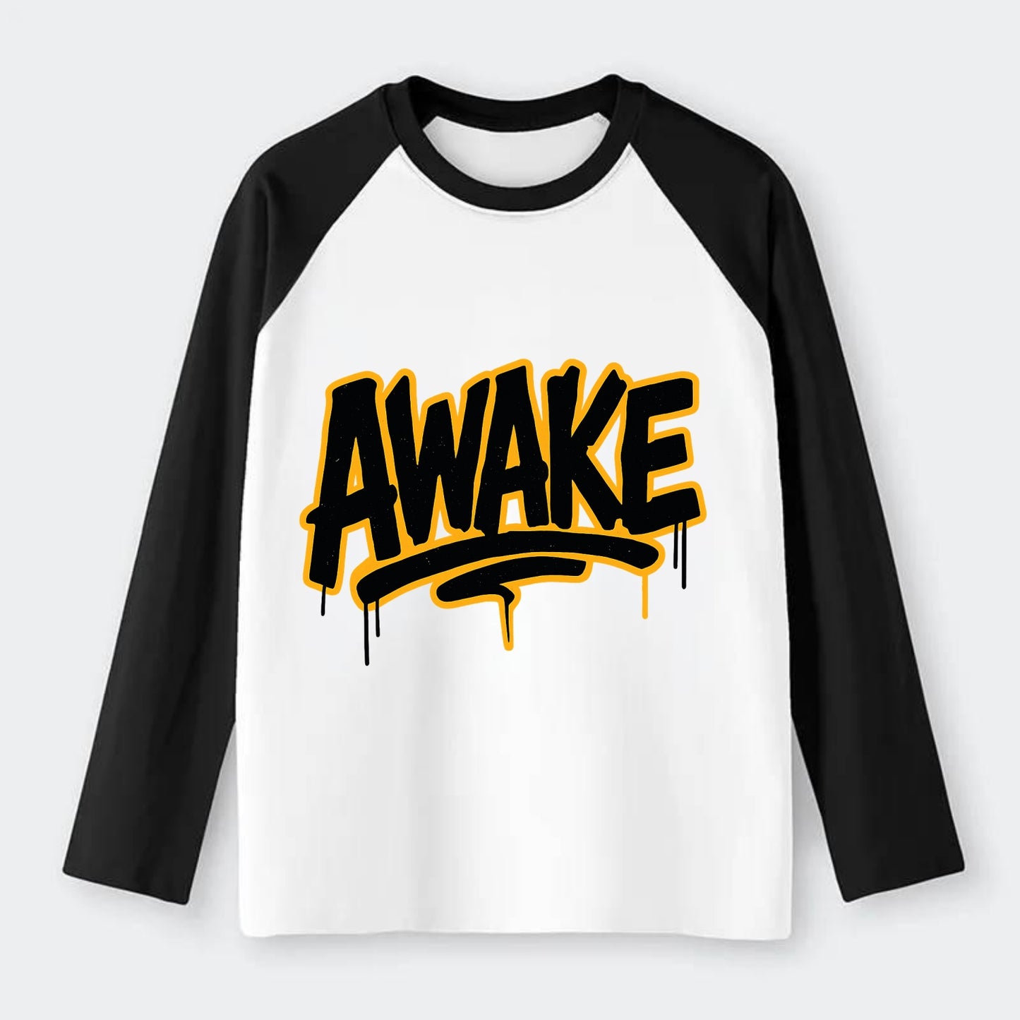 Bold typography design - "AWAKE" - conscious, aware, alert - Raglan Long Sleeve T-Shirt - Black