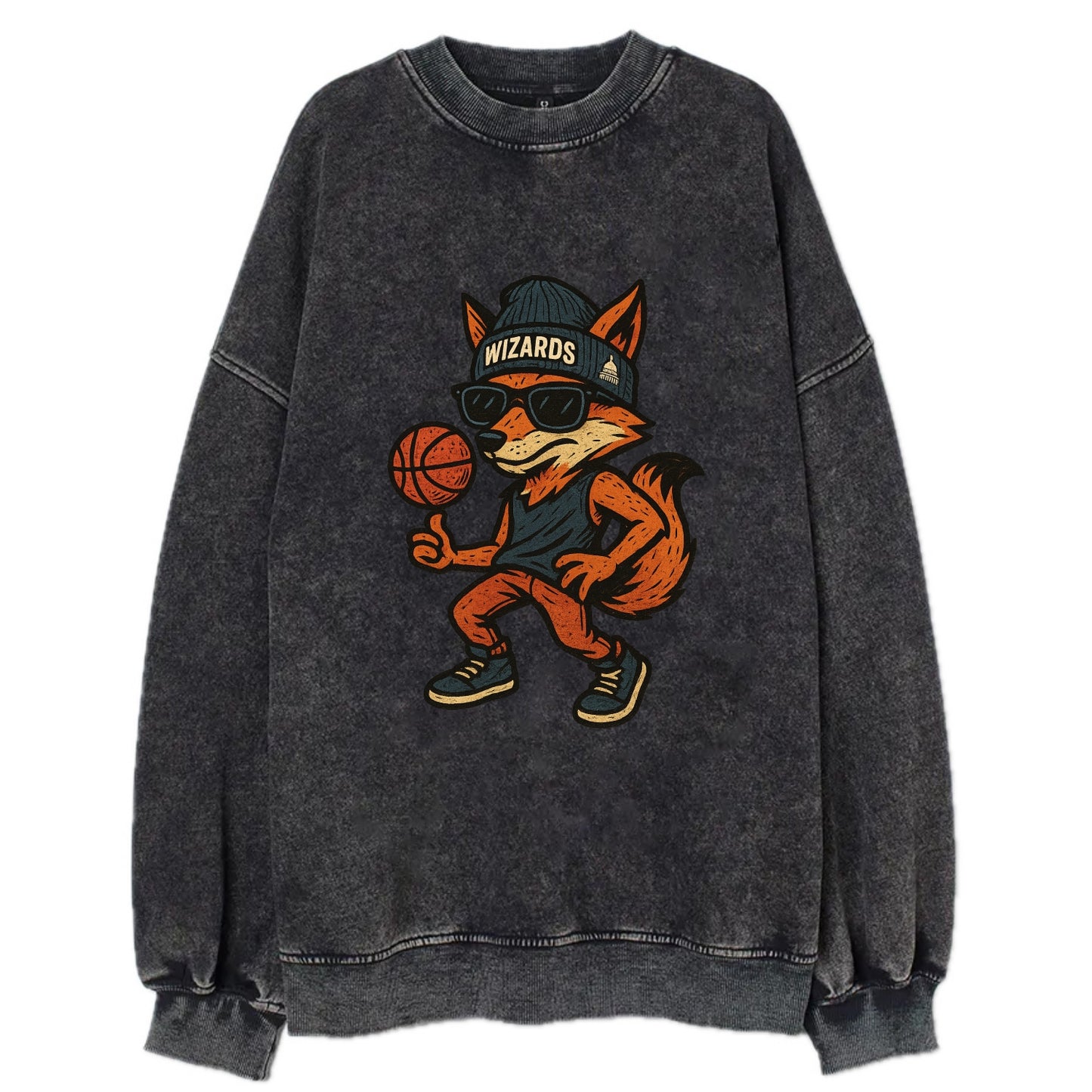 Washington Fox wearing Wizards beanie with capitol patch and wayfarer - Vintage Sweatshirt - Black
