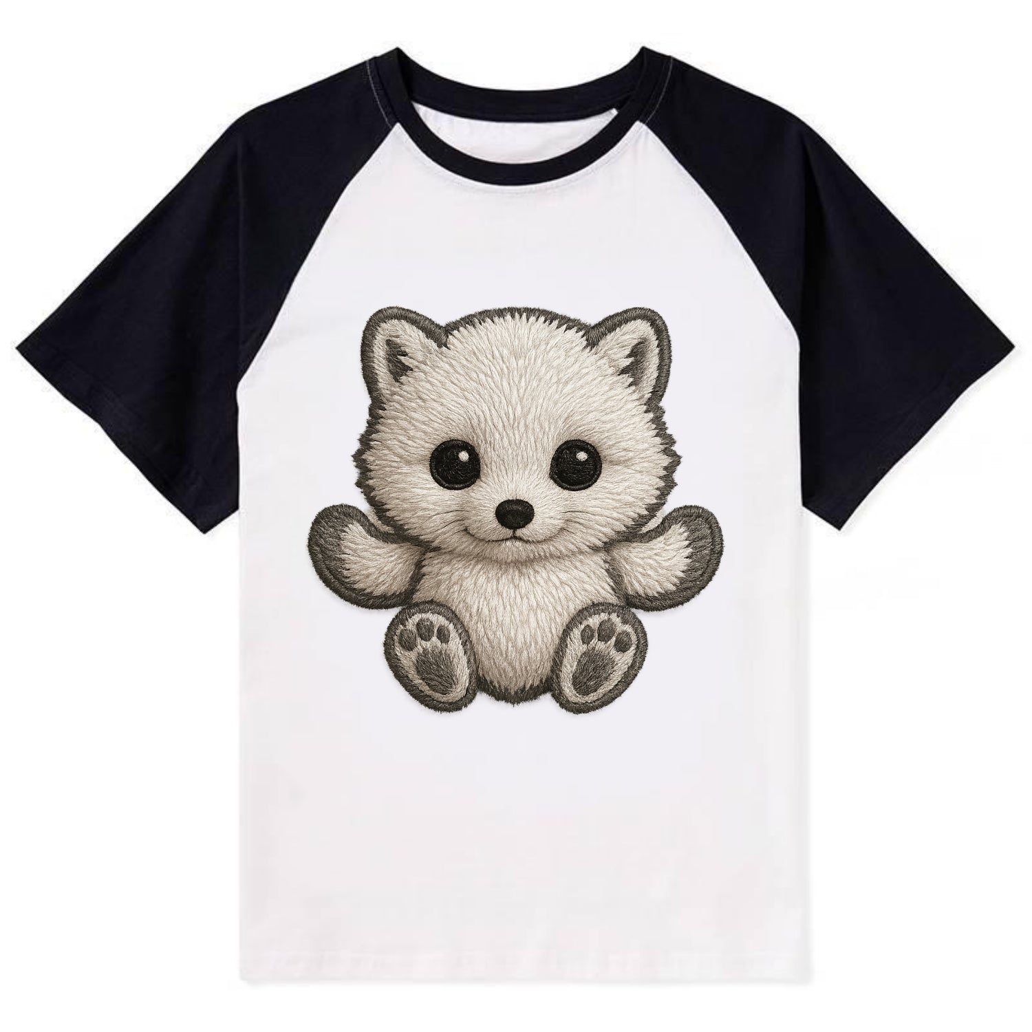 Baby Arctic Fox - white fluffy, tiny black nose, bright curious eyes, - Contrast Raglan T-shirt - Black