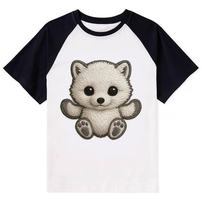 Baby Arctic Fox - white fluffy, tiny black nose, bright curious eyes, - Contrast Raglan T-shirt - Black
