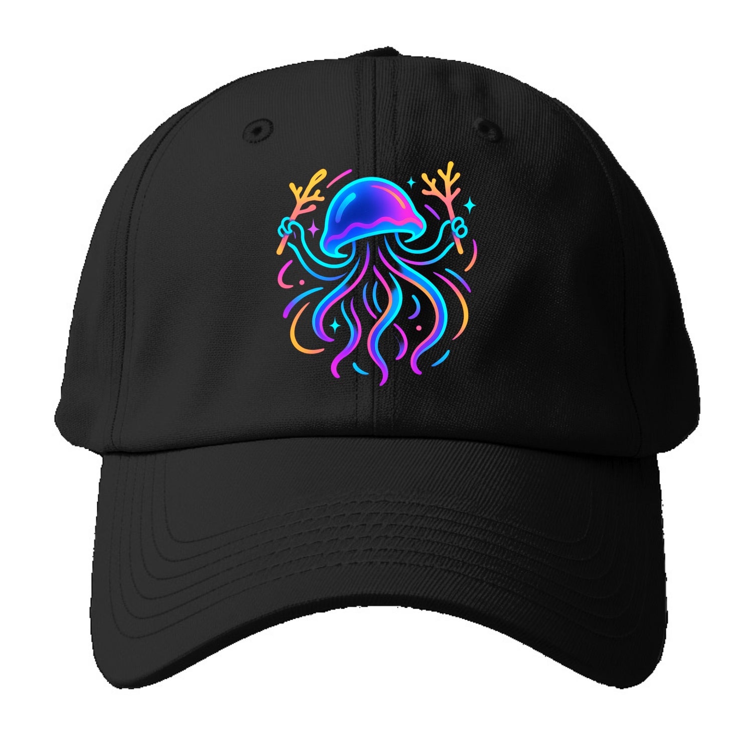 Jellyfish conducting a glow orchestra using coral batons in deep ocean concert hall - Baseball Cap - Black