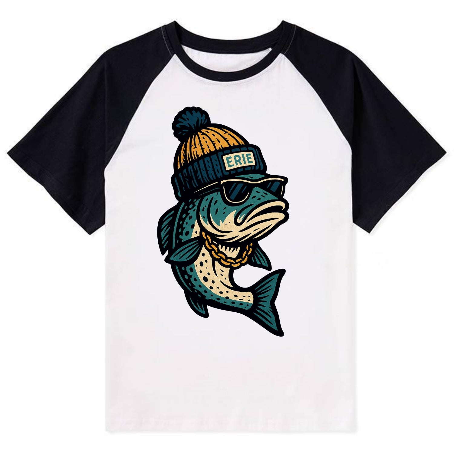 Erie Lake Trout wearing Erie beanie with - Contrast Raglan T-shirt - Black