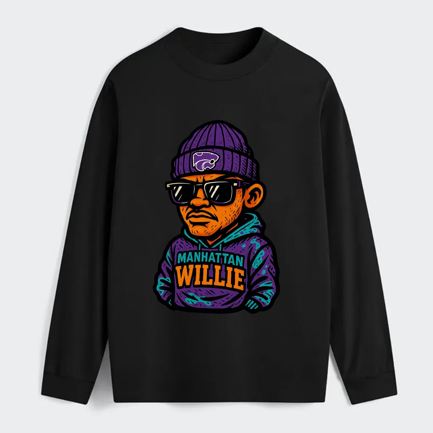 Manhattan Willie wearing Kansas State beanie with powercat patch - Classic Long Sleeve Shirt - Black