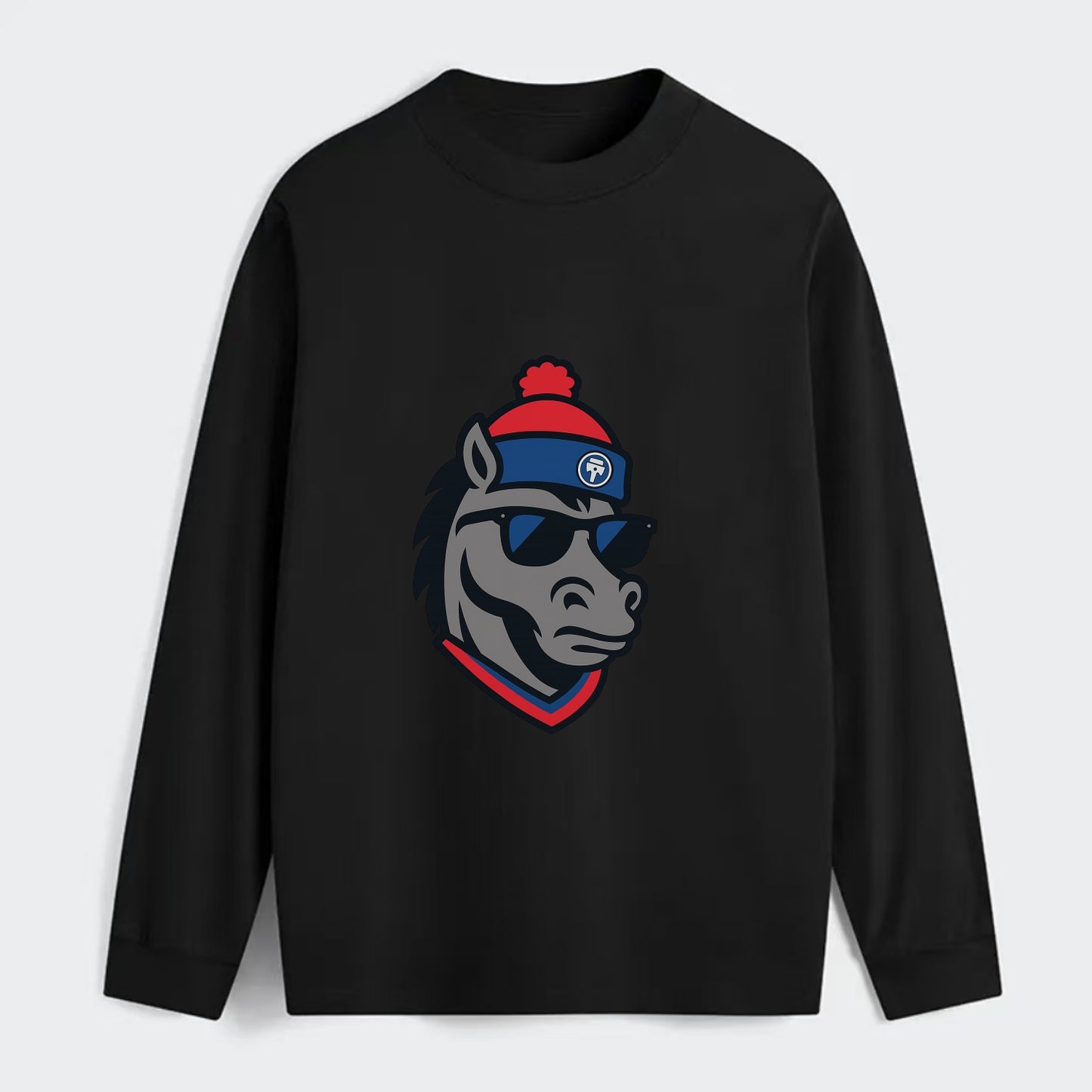 Detroit Stallion wearing Pistons red and blue beanie with piston patch - Classic Long Sleeve Shirt - Black