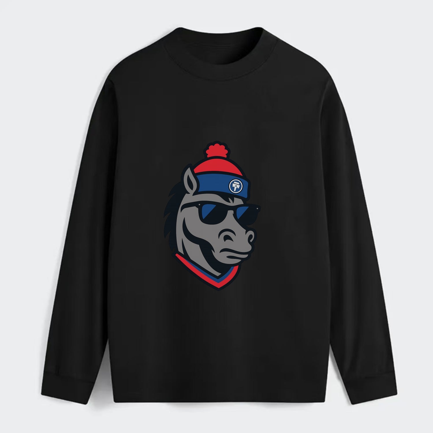 Detroit Stallion wearing Pistons red and blue beanie with piston patch - Classic Long Sleeve Shirt - Black
