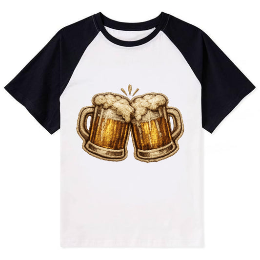 BEER MUG CHEERS - frosty beer stein in gold and amber , brewery - Contrast Raglan T-shirt - Black