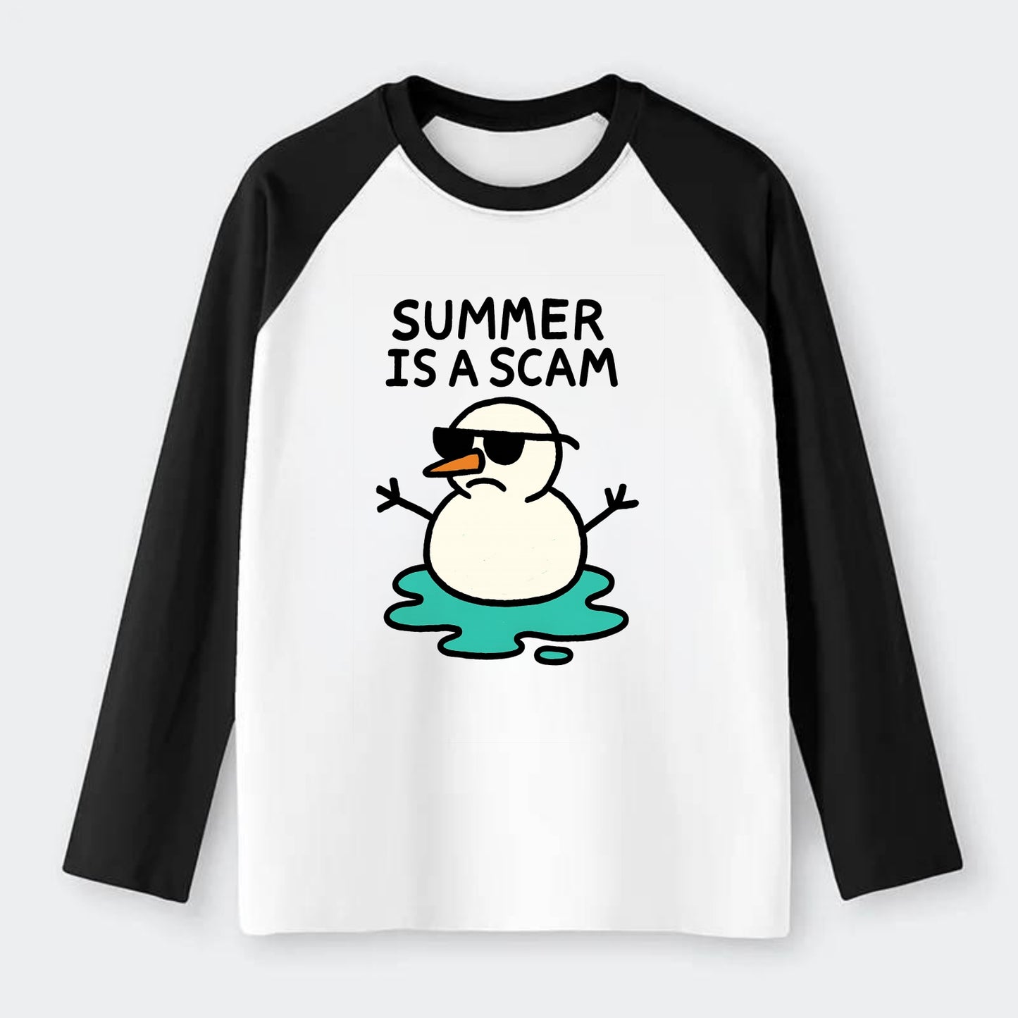 SUMMER IS A SCAM | Melting snowman in sunglasses - Raglan Long Sleeve T-Shirt - Black