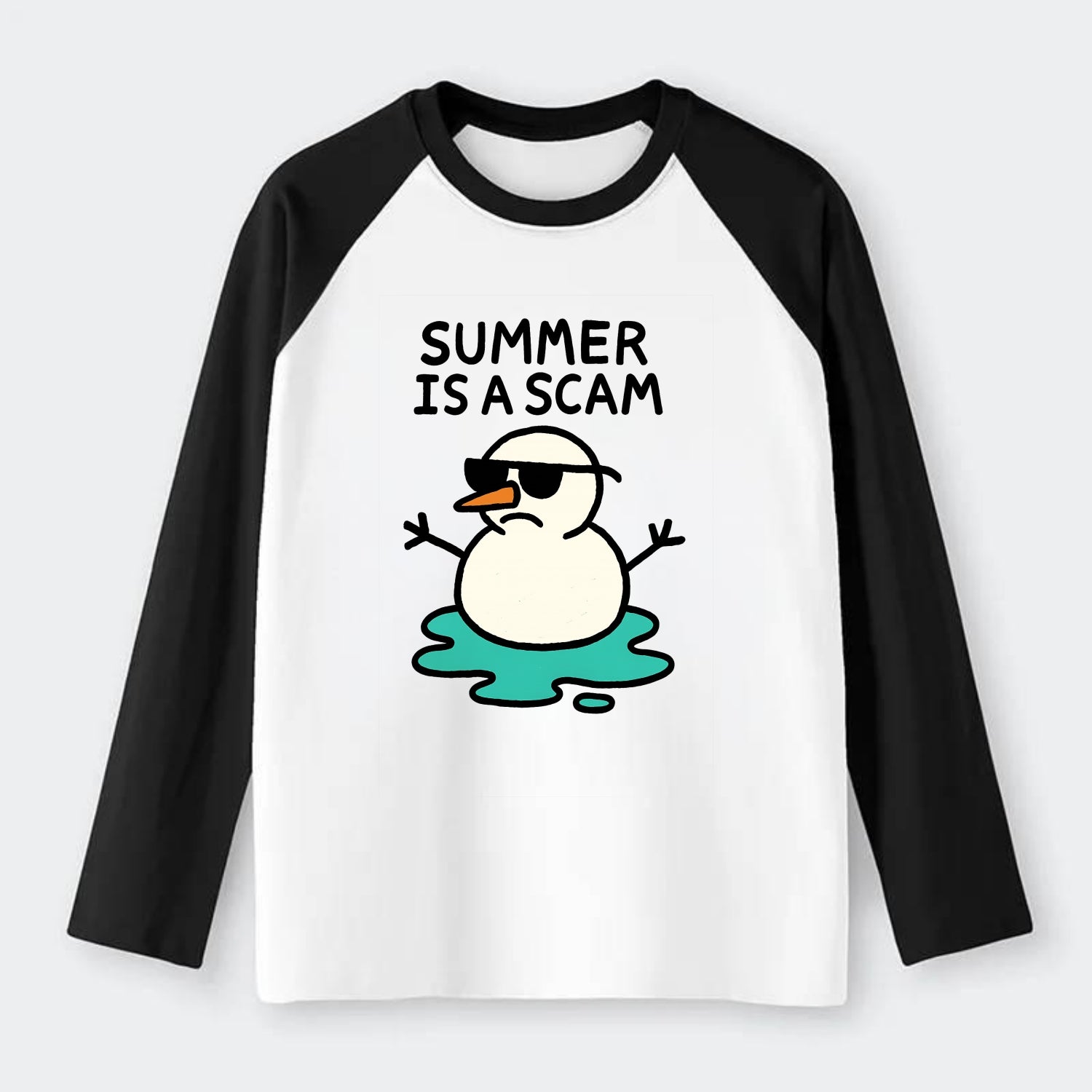 SUMMER IS A SCAM | Melting snowman in sunglasses - Raglan Long Sleeve T-Shirt - Black