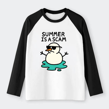 SUMMER IS A SCAM | Melting snowman in sunglasses - Raglan Long Sleeve T-Shirt - Black