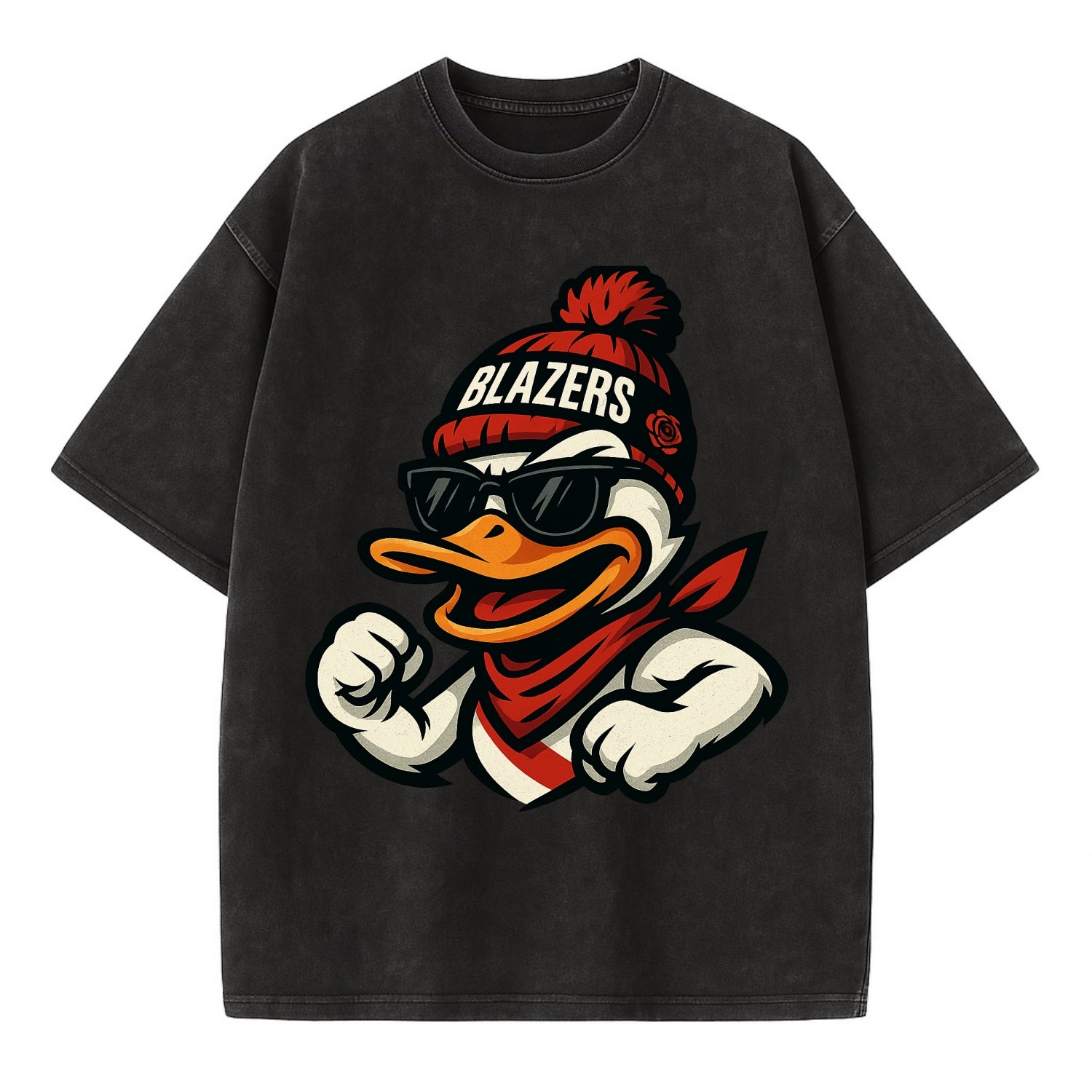 Oregon Duck wearing Trail Blazers beanie with rose patch and wayfarer sunglasses - Vintage T-shirt - Black