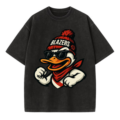 Oregon Duck wearing Trail Blazers beanie with rose patch and wayfarer sunglasses - Vintage T-shirt - Black