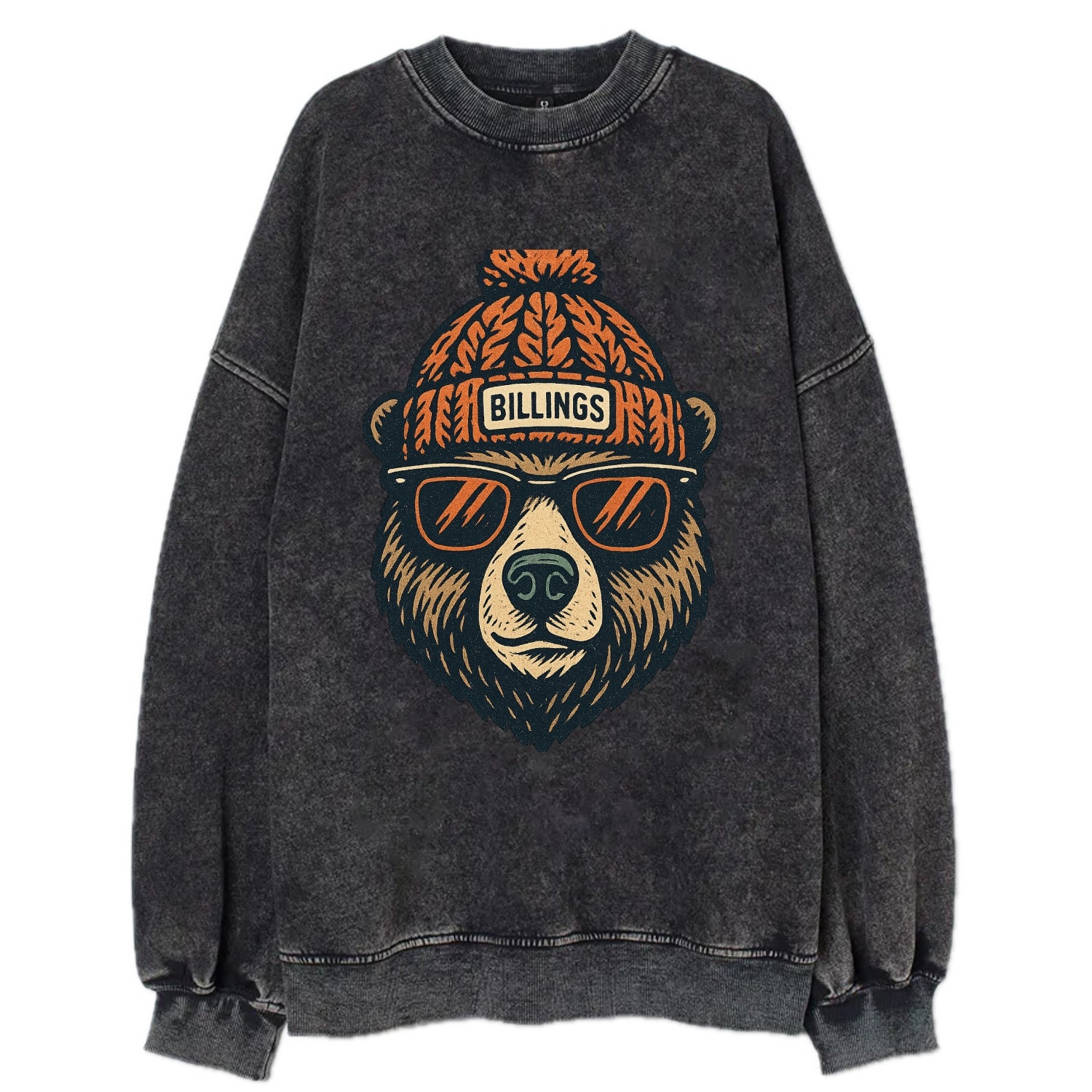 Montana Grizzly Bear wearing Billings beanie with pom pom and wayfarer - Vintage Sweatshirt - Black