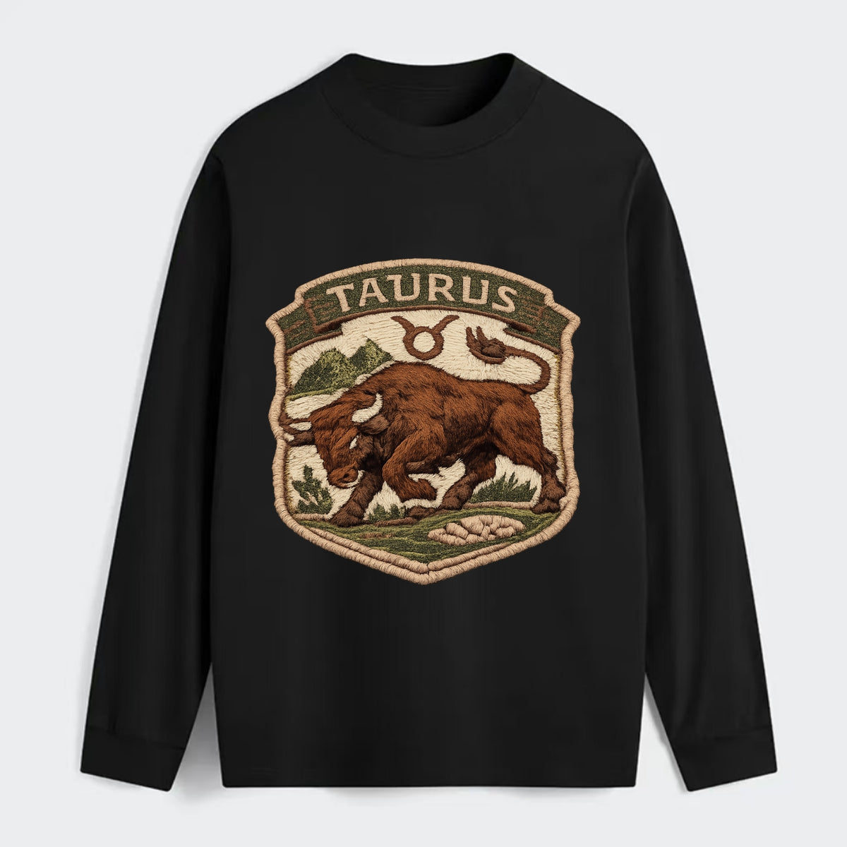 TAURUS BULL - strong bull in brown and green , earth sign - Classic Long Sleeve Shirt - Black