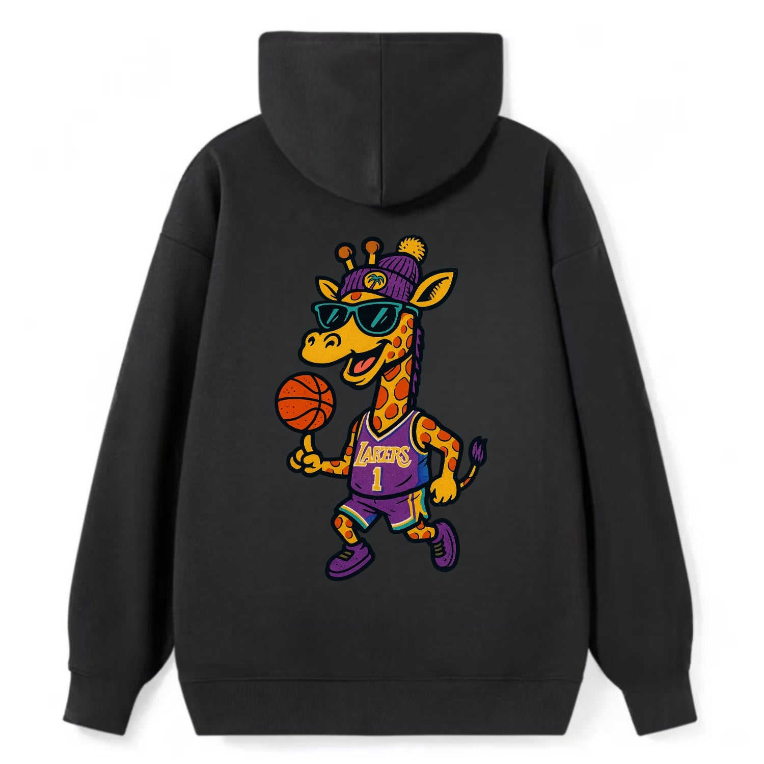 California Giraffe wearing Lakers beanie with palm tree patch and - Classic Pullover Hoodie - Black