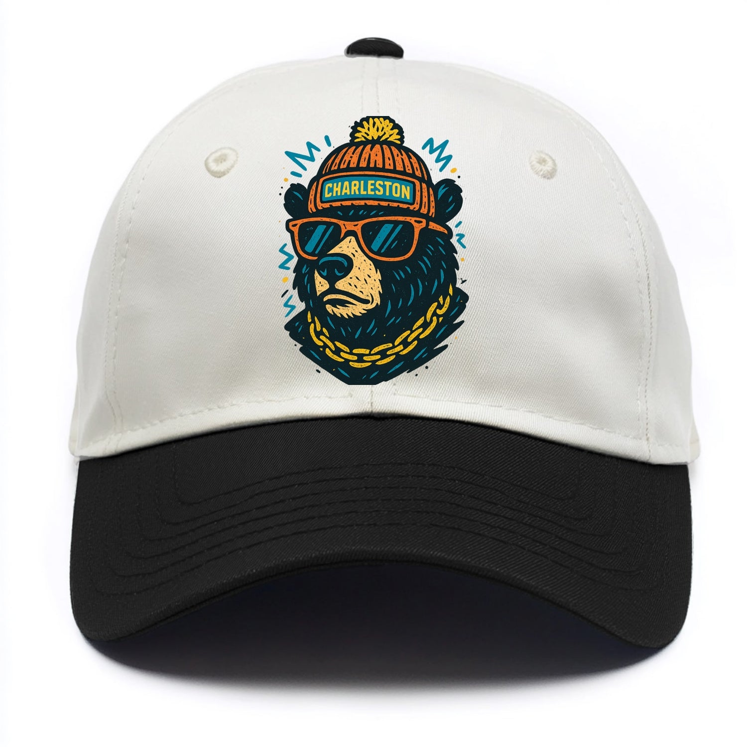 West Virginia Black Bear wearing Charleston beanie with pom pom and wayfarer - Two Tone Cap - Black