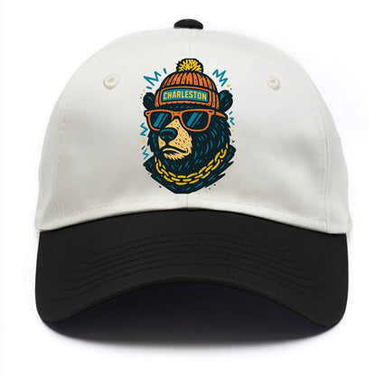 West Virginia Black Bear wearing Charleston beanie with pom pom and wayfarer - Two Tone Cap - Black