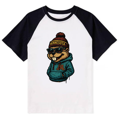 Minneapolis Gopher wearing Minnesota beanie with M patch - Contrast Raglan T-shirt - Black