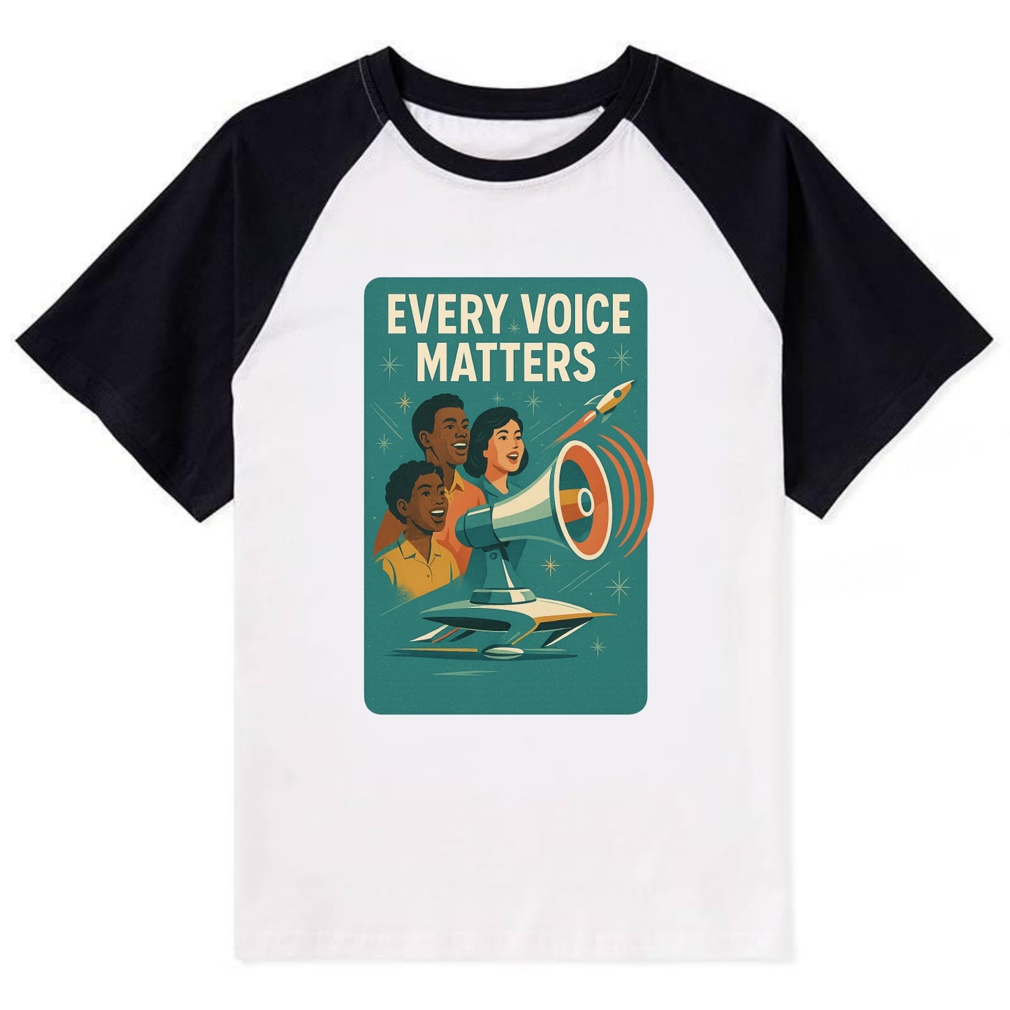 Diverse voices being heard and amplified - "Every Voice Matters" - - Contrast Raglan T-shirt - Black