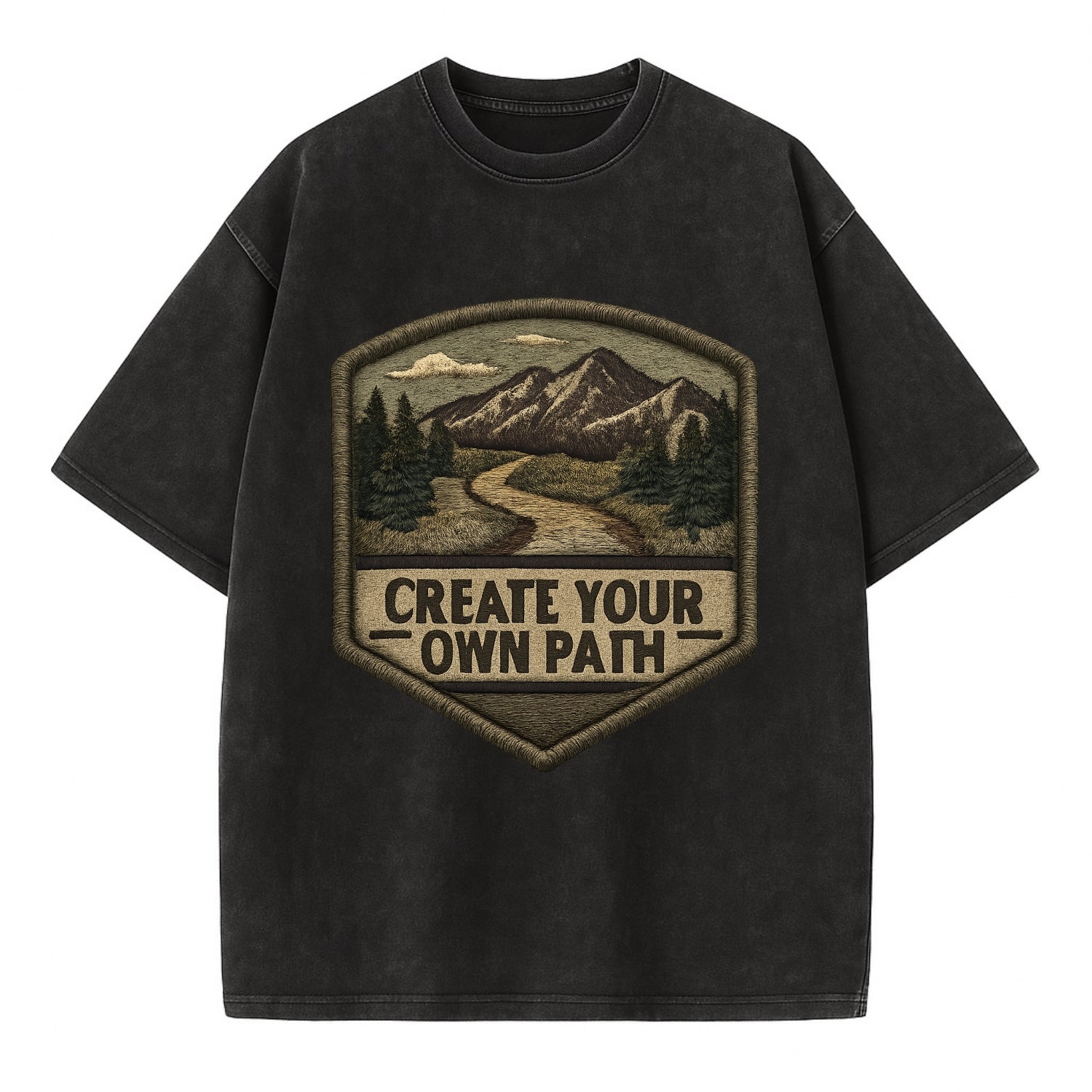 CREATE YOUR OWN PATH - trail with text in brown , independence - Vintage T-shirt - Black