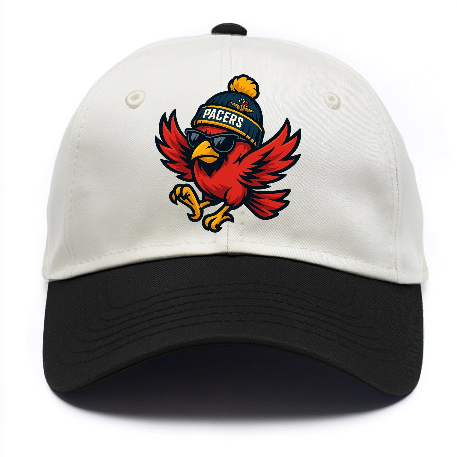 Indiana Cardinal wearing Pacers beanie with speedway patch and wayfarer sunglasses - Two Tone Cap - Black