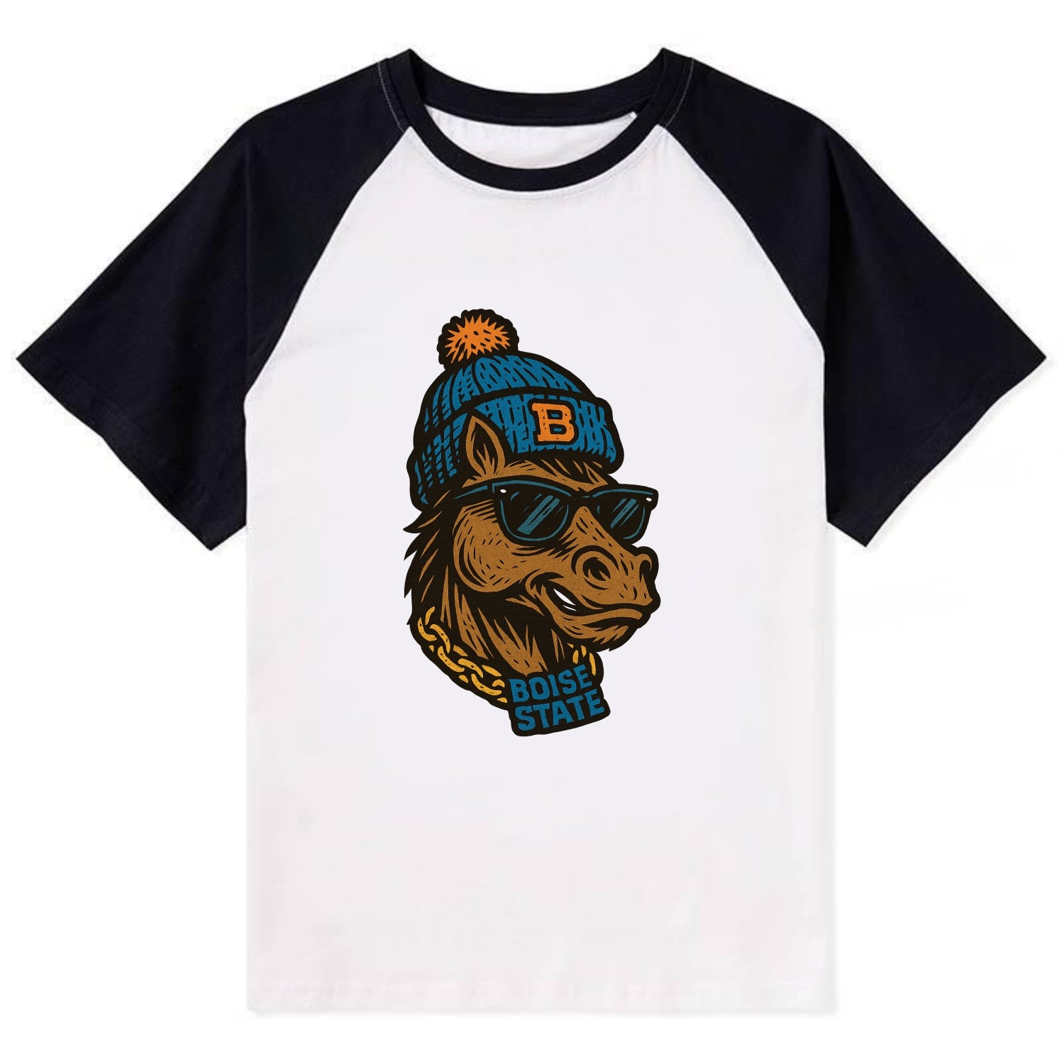 Boise Bronco wearing Boise State beanie with B patch - Contrast Raglan T-shirt - Black