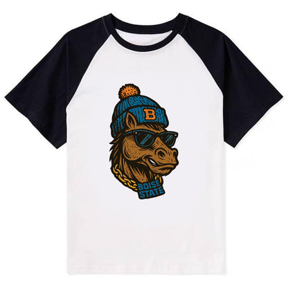 Boise Bronco wearing Boise State beanie with B patch - Contrast Raglan T-shirt - Black