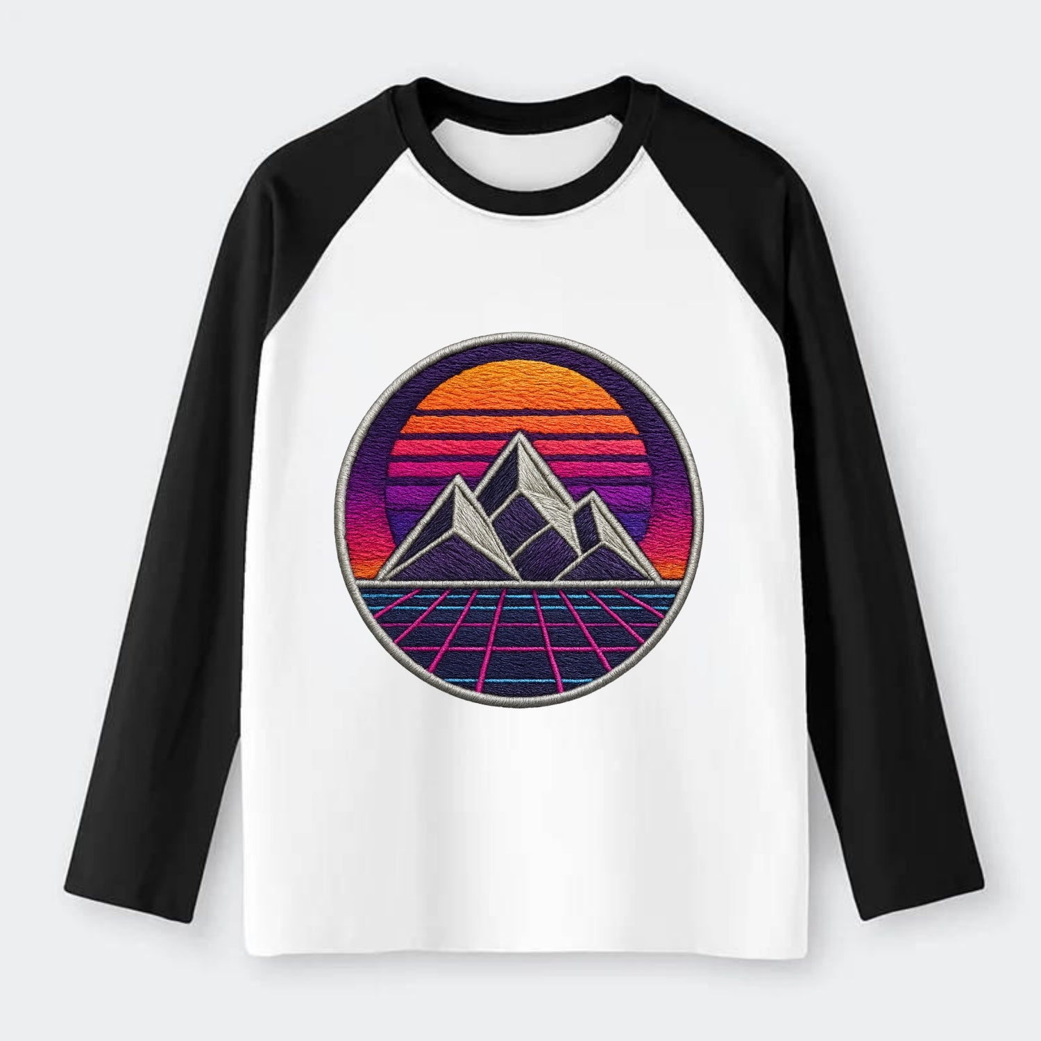 Retrowave Mountains - Raglan Long Sleeve T-Shirt - Black