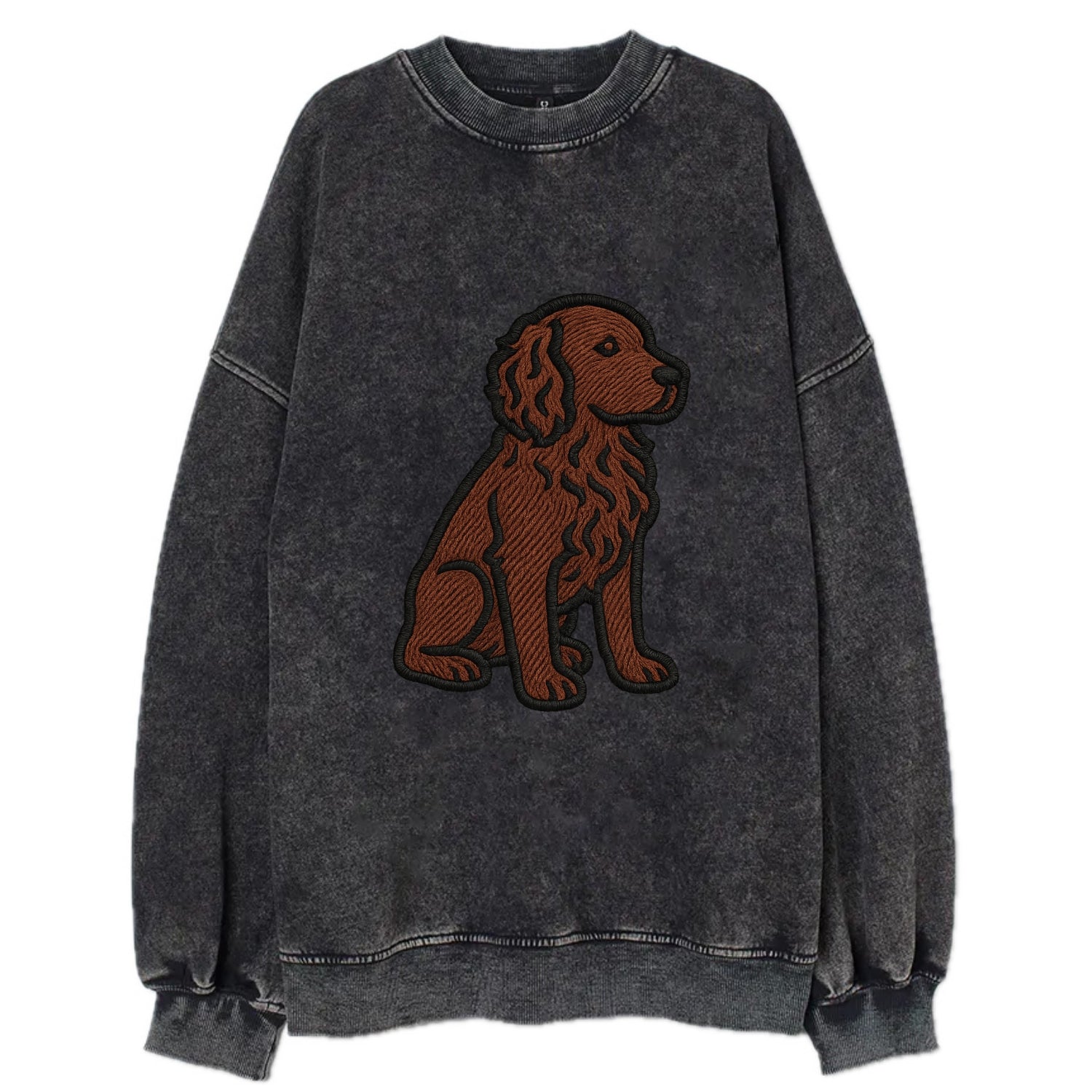 Boykin Spaniel - Rich chocolate brown wavy coat embroidered sitting pose - Vintage Sweatshirt - Black