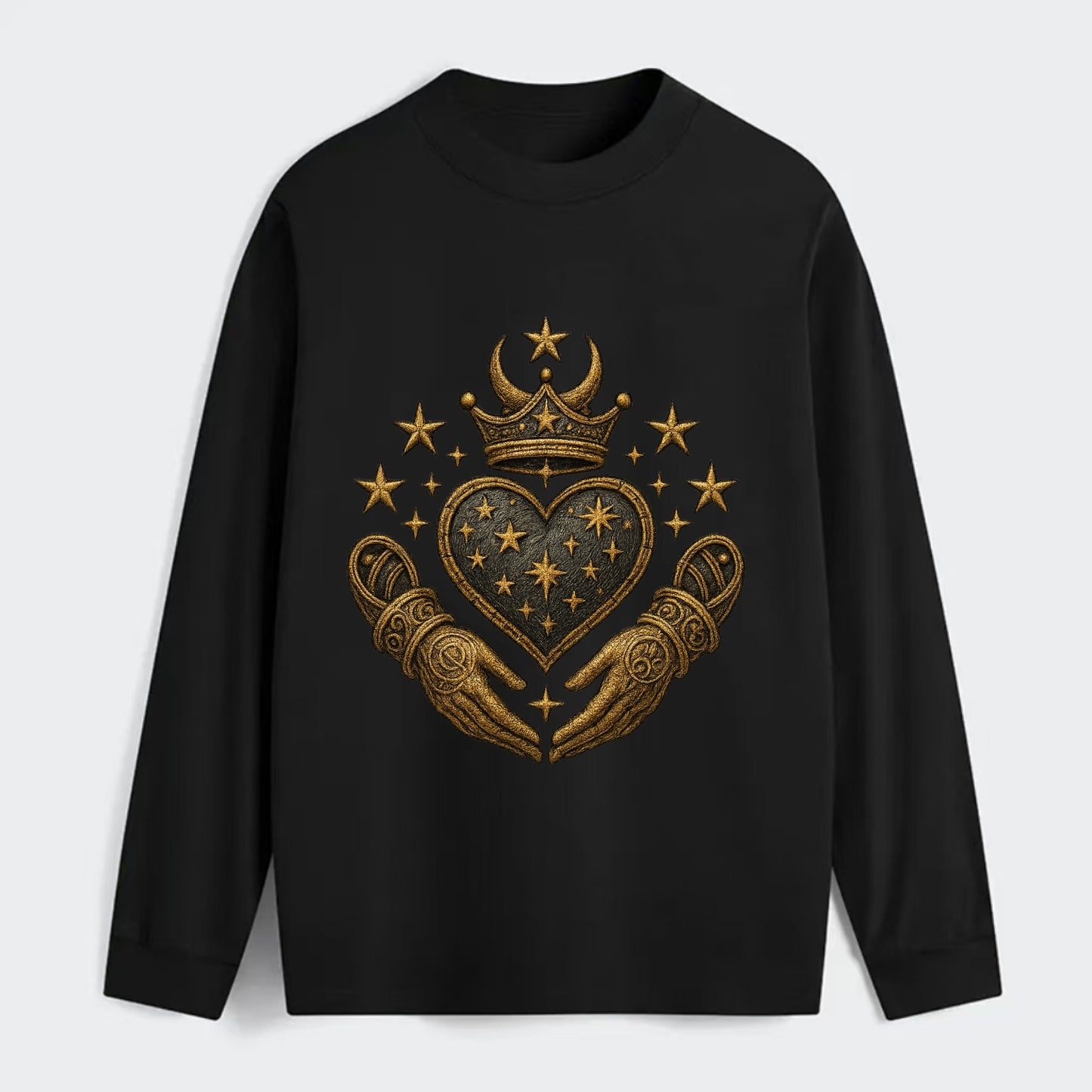 Weathered antique brass crown above a hammered gunmetal heart framed by - Classic Long Sleeve Shirt - Black