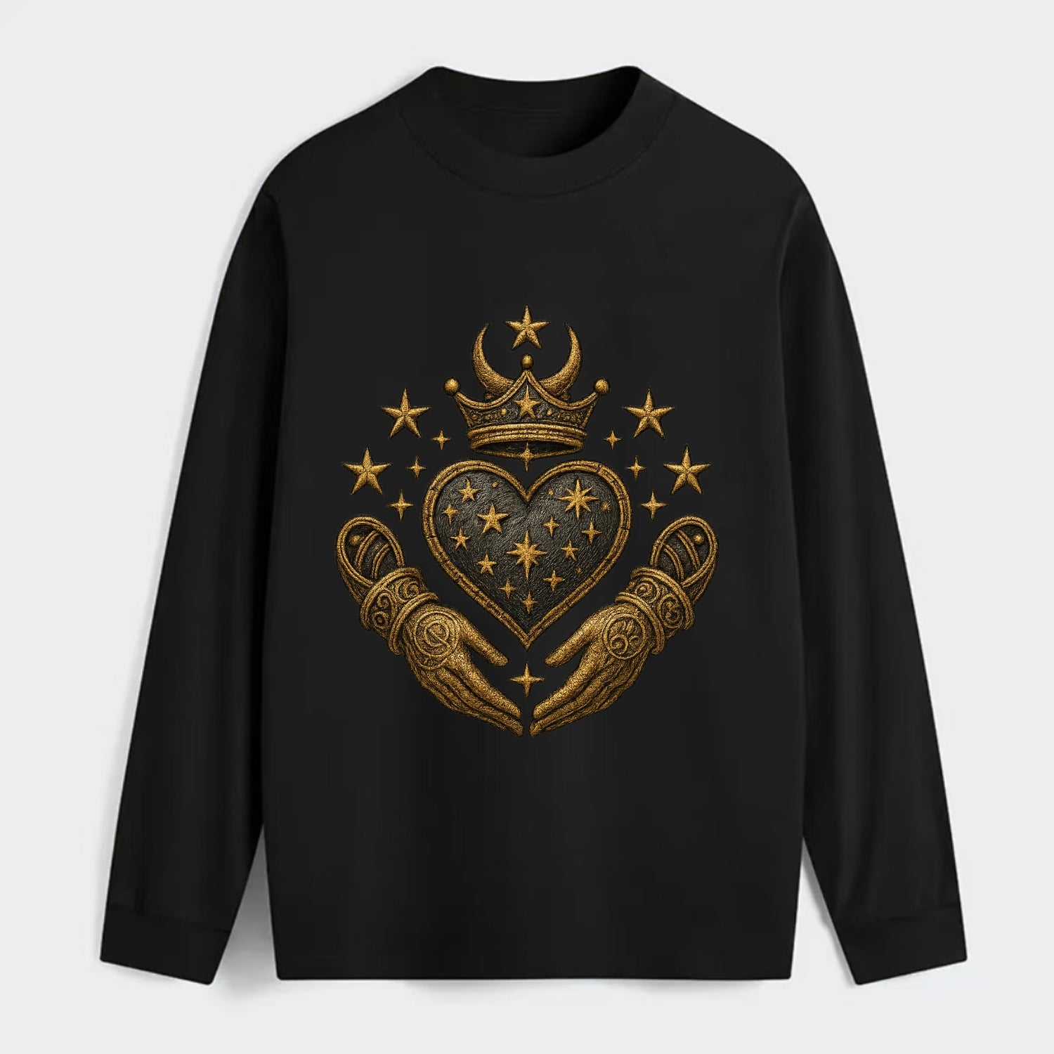 Weathered antique brass crown above a hammered gunmetal heart framed by - Classic Long Sleeve Shirt - Black