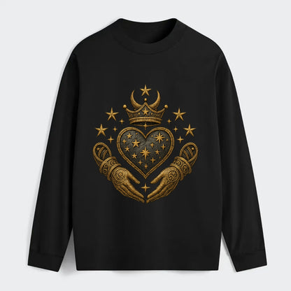 Weathered antique brass crown above a hammered gunmetal heart framed by - Classic Long Sleeve Shirt - Black