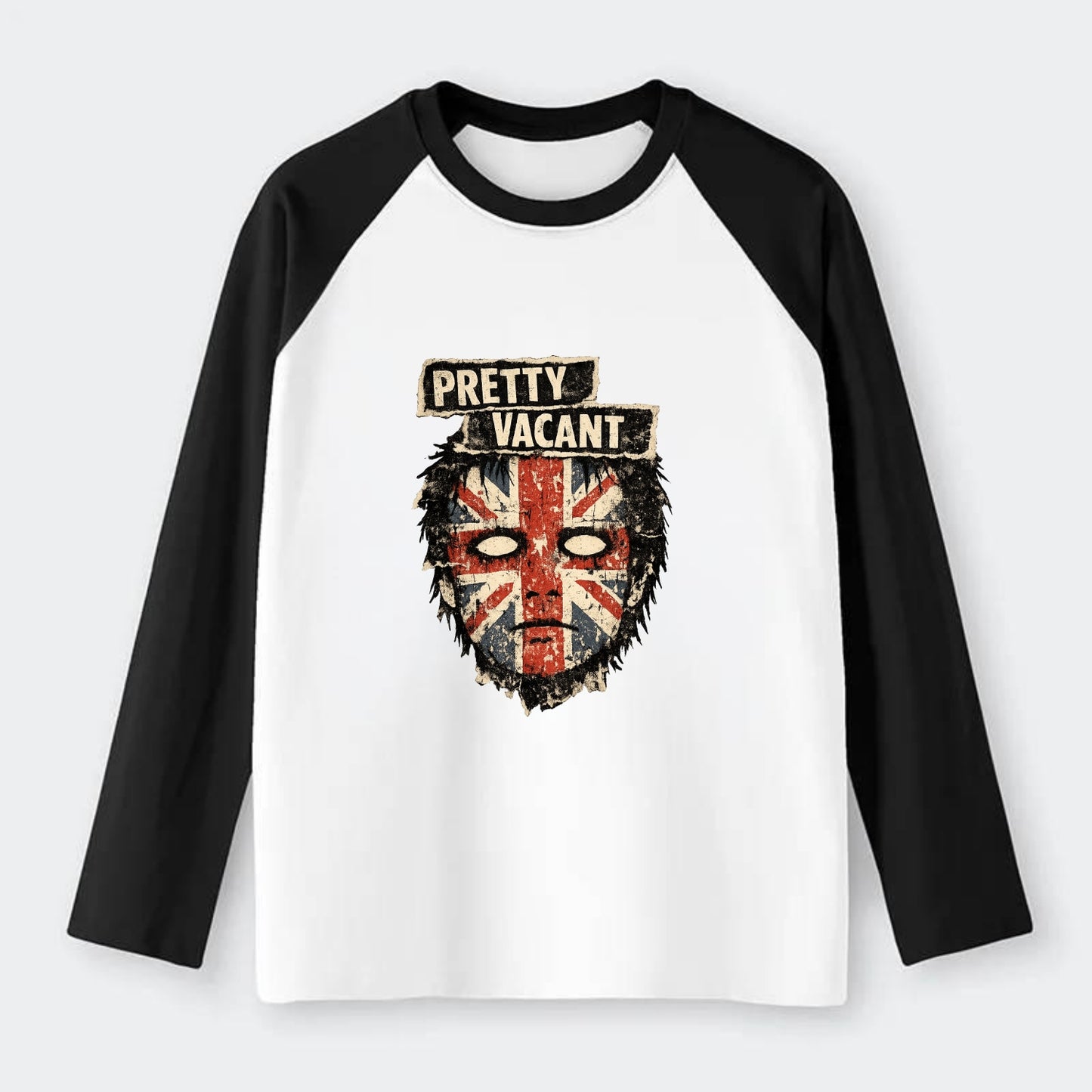 PRETTY VACANT | Blank stare Union Jack face | Empty expression | Punk - Raglan Long Sleeve T-Shirt - Black