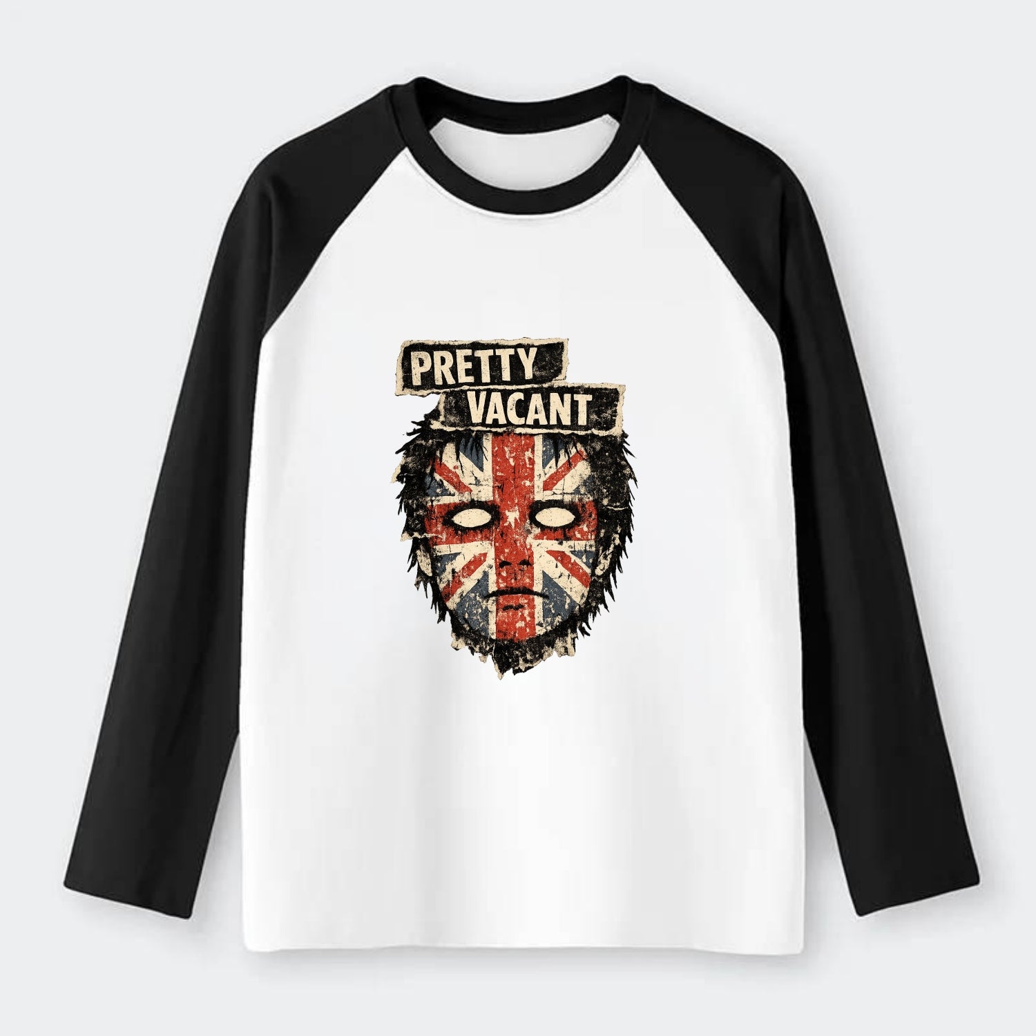 PRETTY VACANT | Blank stare Union Jack face | Empty expression | Punk - Raglan Long Sleeve T-Shirt - Black