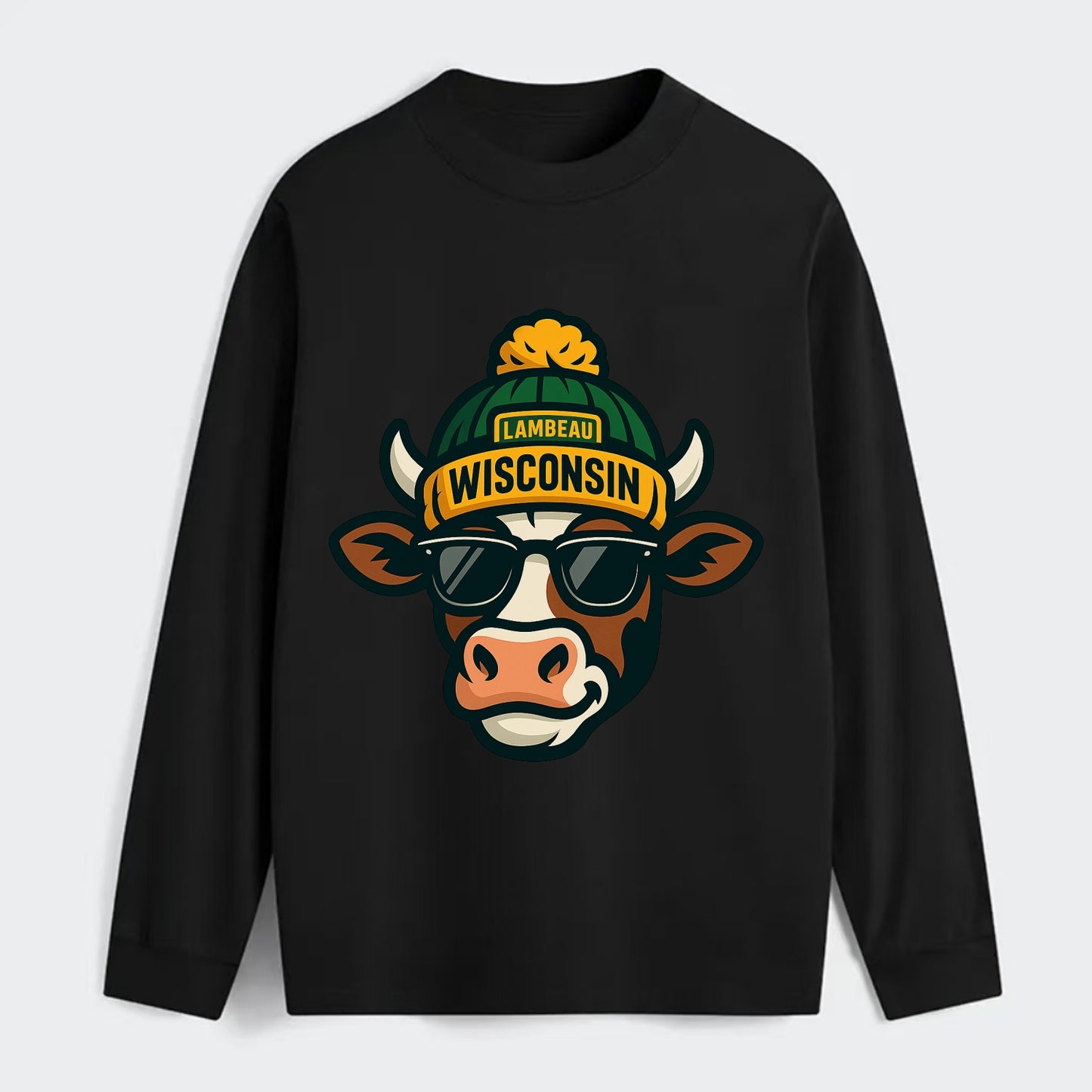 Wisconsin Cow wearing Packers beanie with Lambeau patch and wayfarer - Classic Long Sleeve Shirt - Black