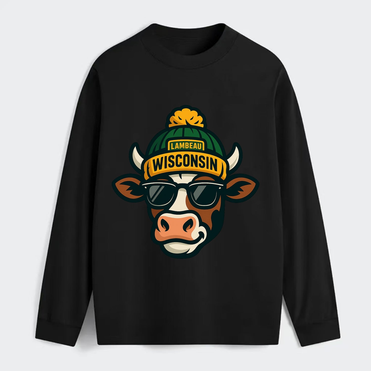 Wisconsin Cow wearing Packers beanie with Lambeau patch and wayfarer - Classic Long Sleeve Shirt - Black