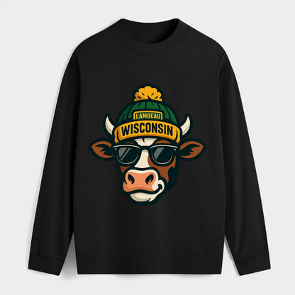 Wisconsin Cow wearing Packers beanie with Lambeau patch and wayfarer - Classic Long Sleeve Shirt - Black