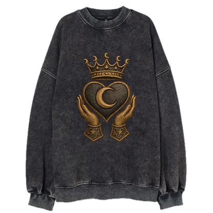 Moonlit crescent crown cradling a hematite heart with stargazer hands cupped - Vintage Sweatshirt - Black